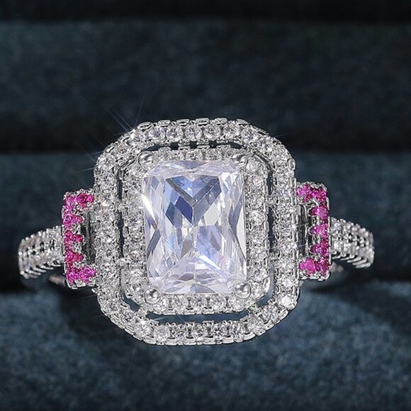 Romantic Heart 925 Silver Filled Ring Women Cubic Zircon  🌸Romantic Radiant Shiny Zircon Hollow Silver Ring Women for Women, L097